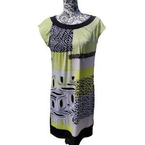 Chicos Lined Black White Lime Animal Print Cap Sleeves Shift Dress Women Size 1